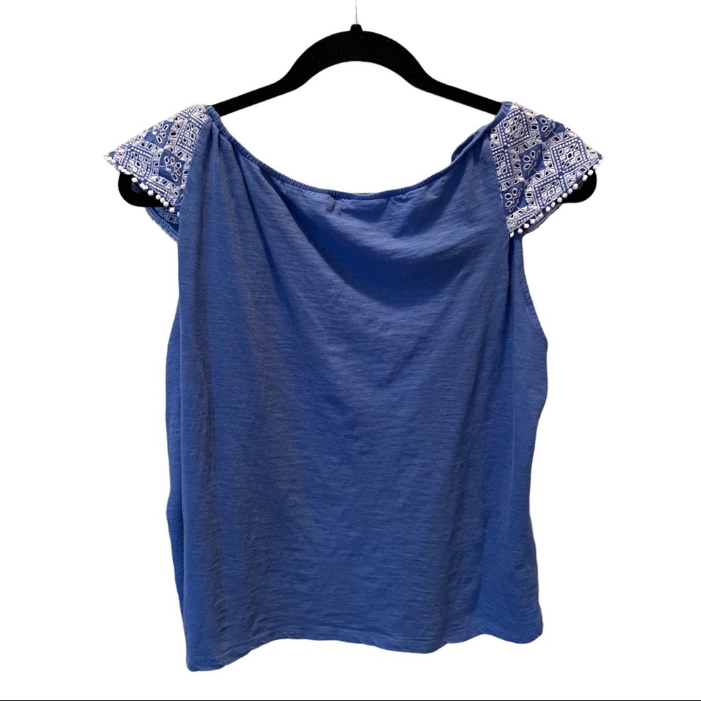 LOFT Petite Eyelet Embroidered Boho Cropped Blue Top - Picture 2 of 6